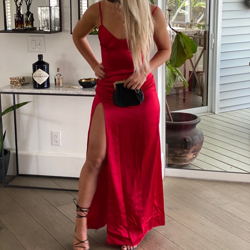 Red silk slit gown